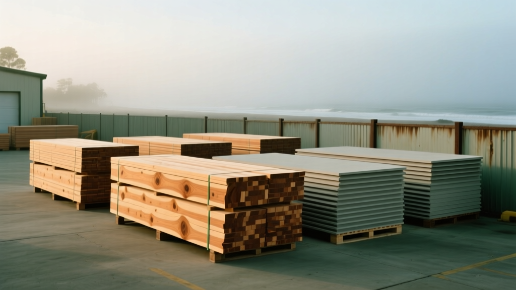Pallets of Select Structural Douglas Fir lumber and fiber cement siding stacked at a coastal Oxnard California building supply yard with ocean fog