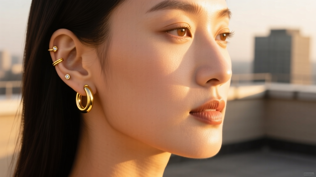 Close-up of a woman with a curated ear featuring 18k gold helix hoops and lobe studs, bathed in warm golden hour sunlight