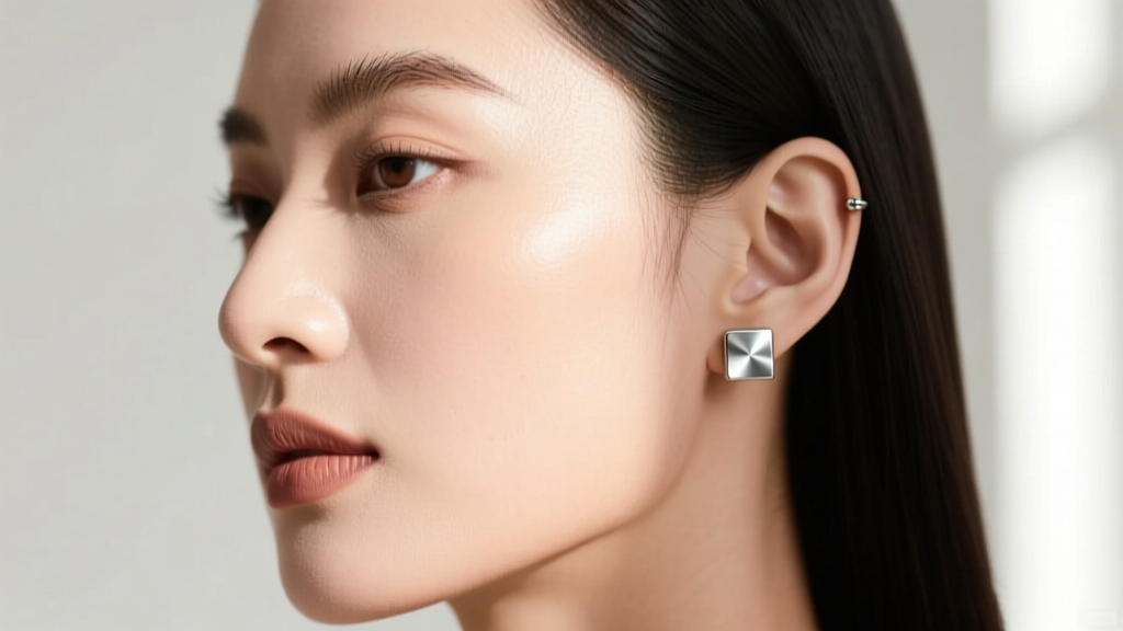 Profile of a woman wearing an 8mm brushed titanium square stud in her cartilage piercing, illuminated by soft natural window light