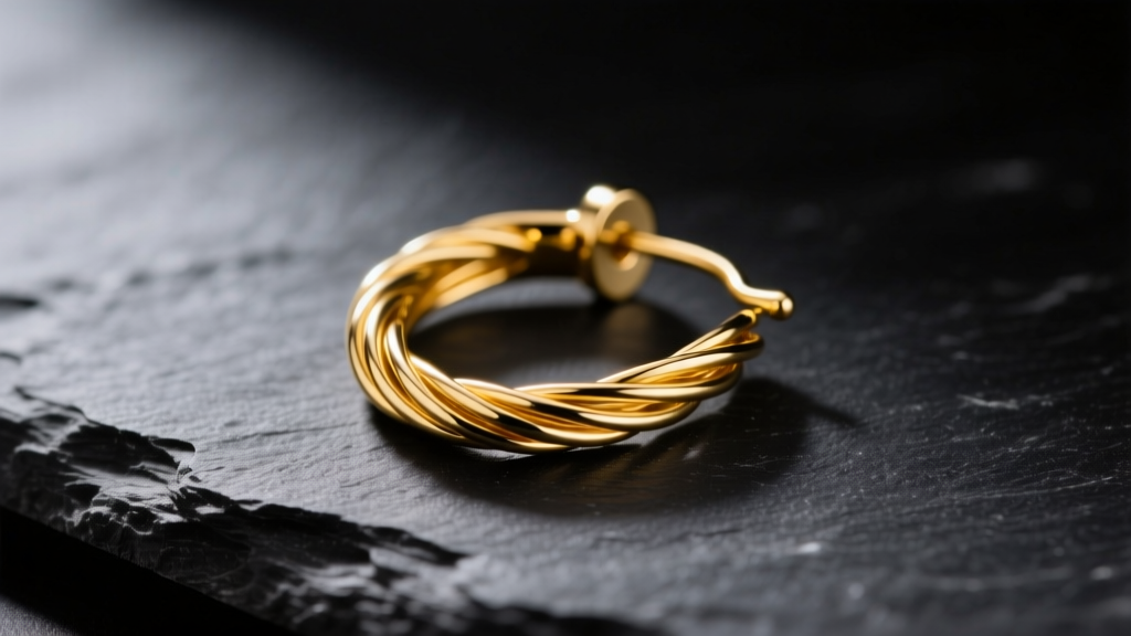Macro photo of a polished 20-gauge 14k yellow gold leverback earring wire resting on dark slate surface under soft studio lighting