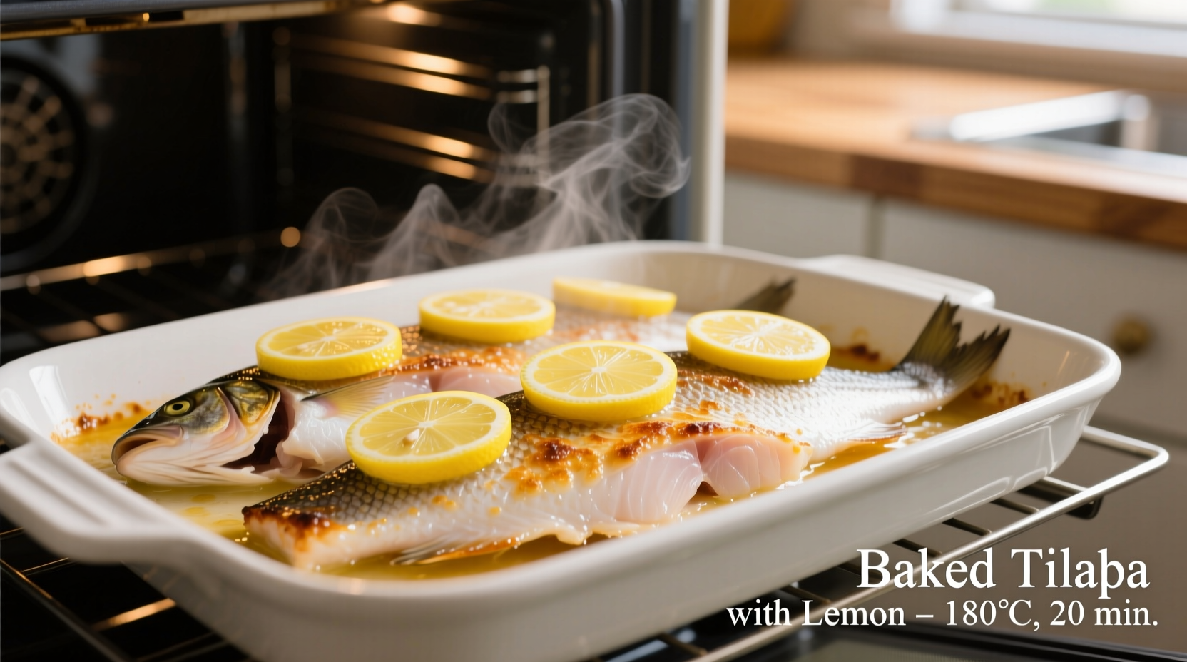 Fresh tilapia fillets baking in oven with lemon slices