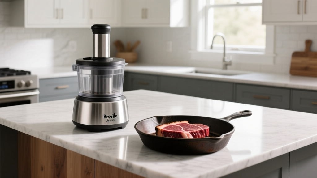 Kitchen island displaying the Breville Joule Turbo sous vide and a cast-iron skillet ready for a reverse-seared ribeye.