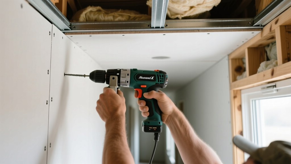 Contractor installing 5/8-inch Type X gypsum board on a framed interior corridor soffit with steel furring channels and drywall screws.