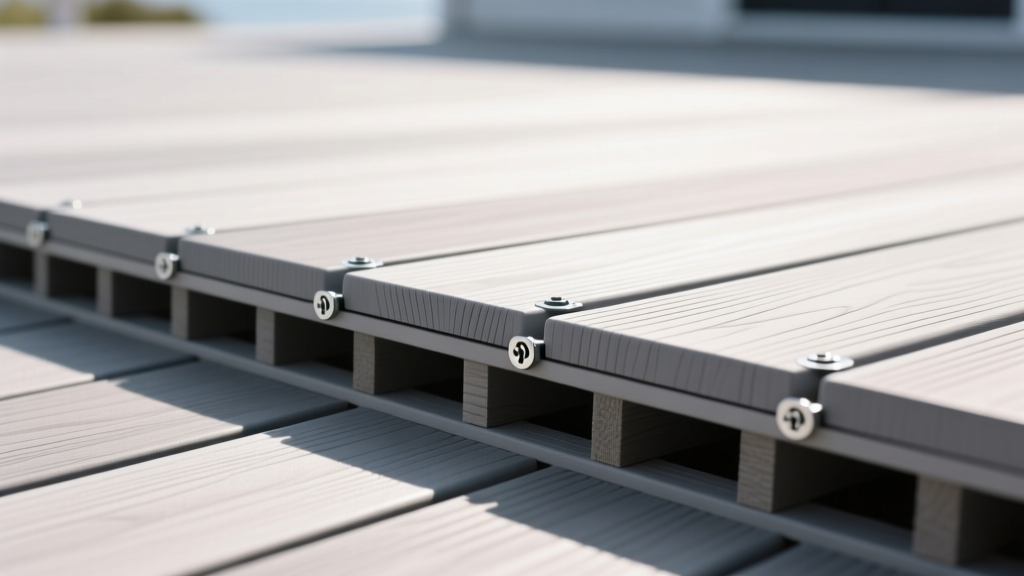 Capped composite decking boards in coastal gray showing hidden fastener clips and proper joist ventilation gaps in bright sunlight