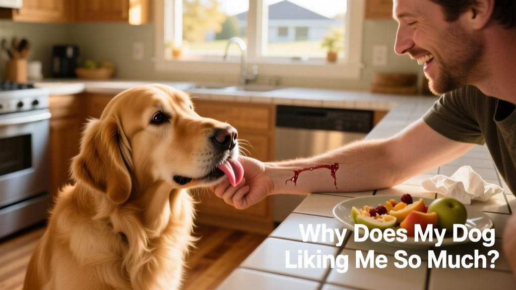 Dog sniffing and licking a person’s arm after they’ve just finished eating