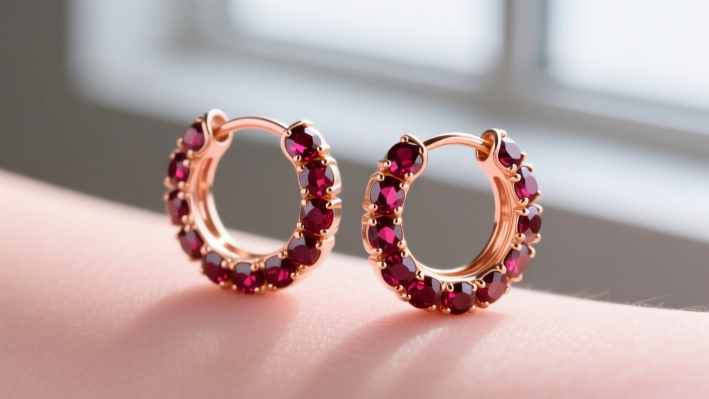 Macro shot of 14k rose gold huggie hoops with bezel-set round garnets, highlighting the warm copper alloy against fair skin.