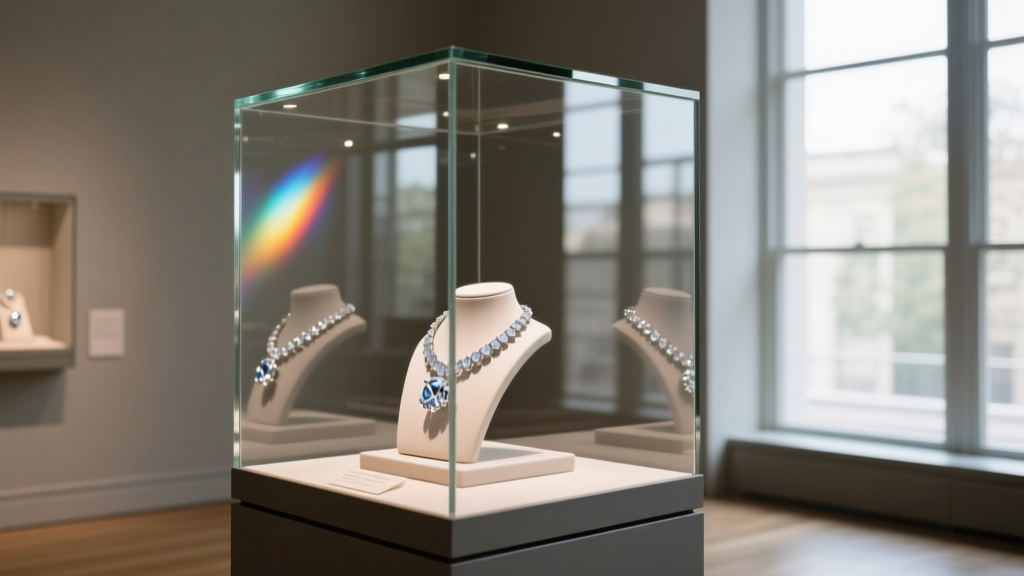 Standard glass reflecting harsh lights beside museum-grade anti-reflective glass revealing clear diamond jewelry details inside.