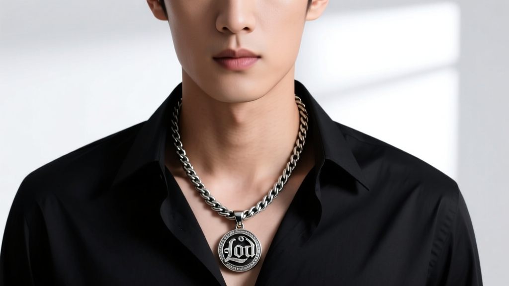 A person wearing a 20-inch stainless steel rope chain with a large 2-inch Lord's Prayer crucifix pendant over a white tee.