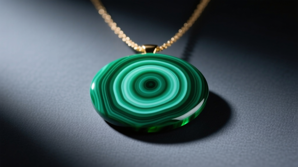Oval malachite pendant necklace with vivid green concentric bands on dark slate under soft, warm, directional studio lighting