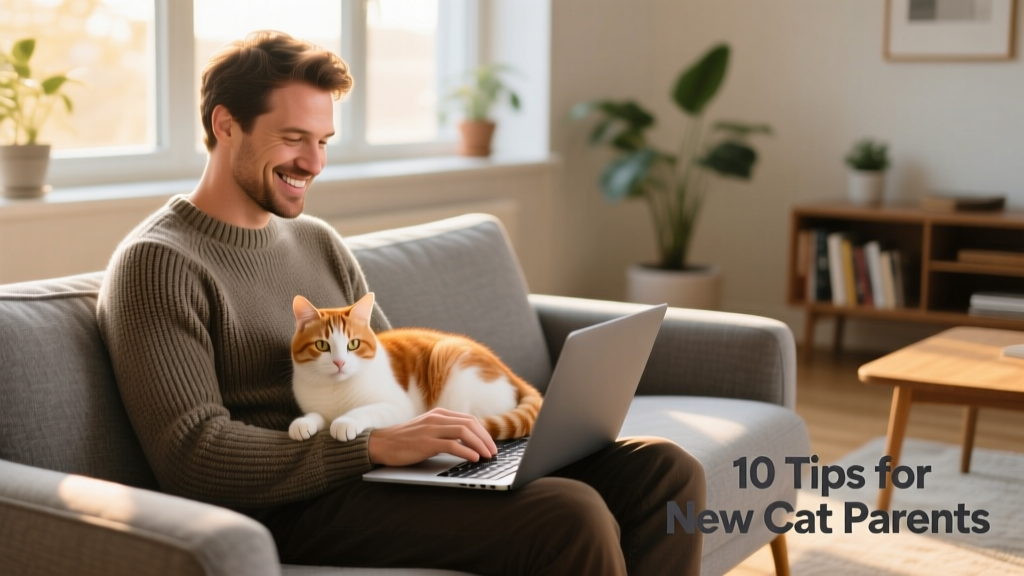 A smiling man seated on a gray couch with a ginger-and-white cat resting comfortably on his lap as he works on a laptop