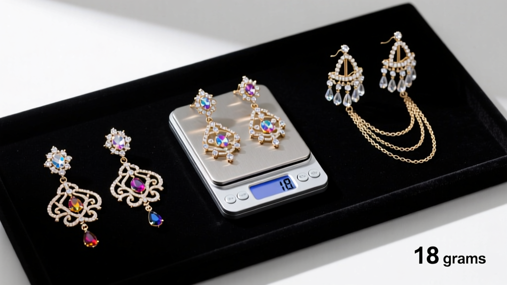 Flat lay of three chandelier earring styles on dark velvet, alongside a digital jewelry scale displaying a weight of 18 grams
