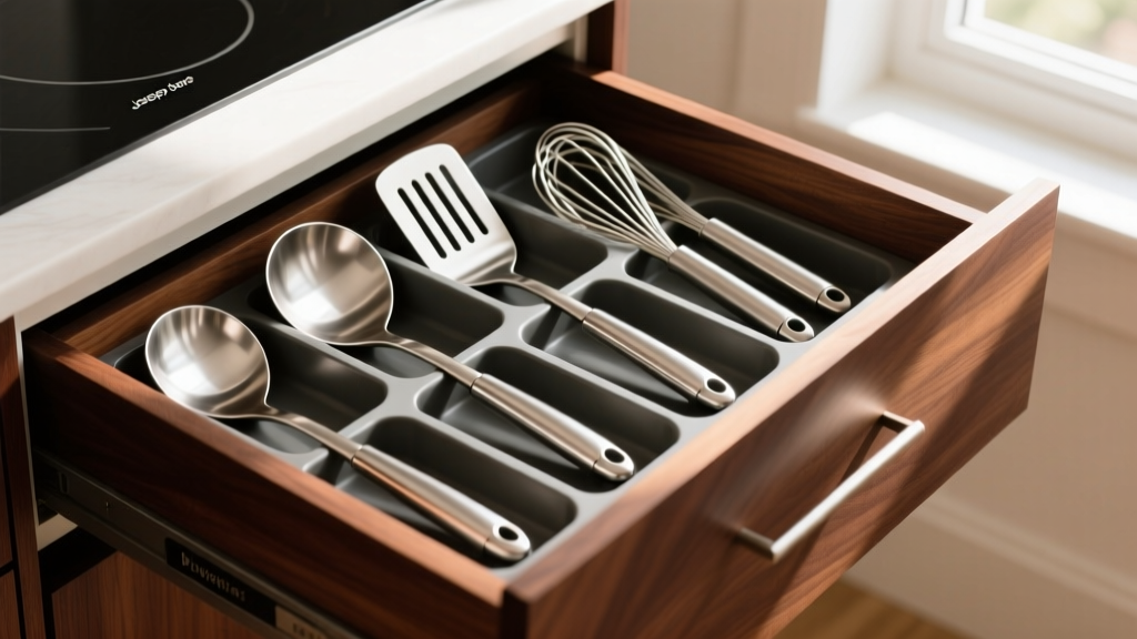Interlocking Joseph Joseph DrawerStore utensil tiers neatly organizing stainless steel spatulas and whisks inside a deep maple kitchen drawer
