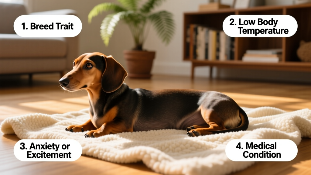 A relaxed dachshund lying on a cozy blanket, slightly trembling