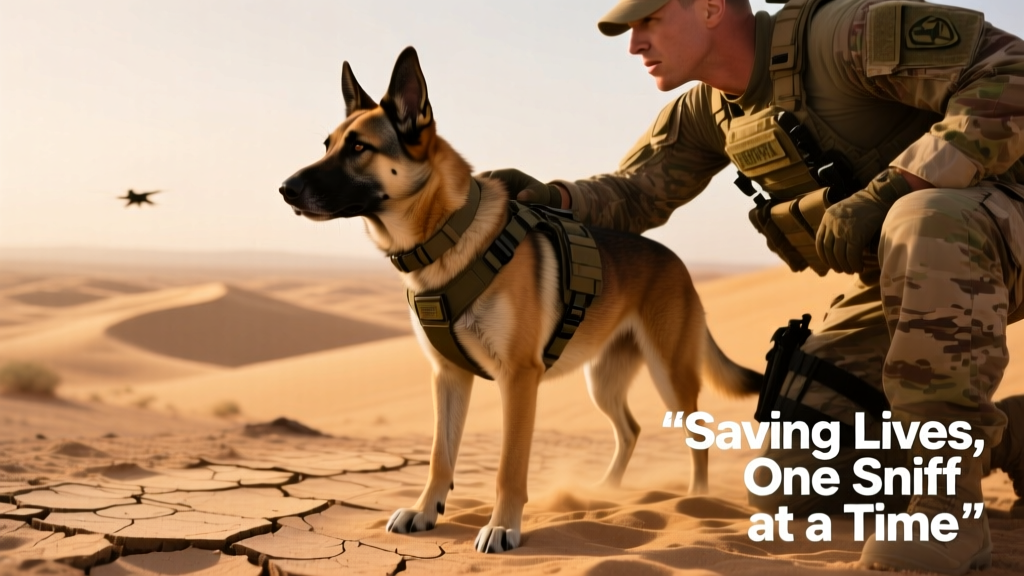 Military working dog alerting its handler during a patrol in a desert environment