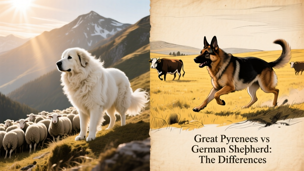 Historical illustration showing a Great Pyrenees guarding sheep on mountain slopes and a German Shepherd herding cattle in a pasture