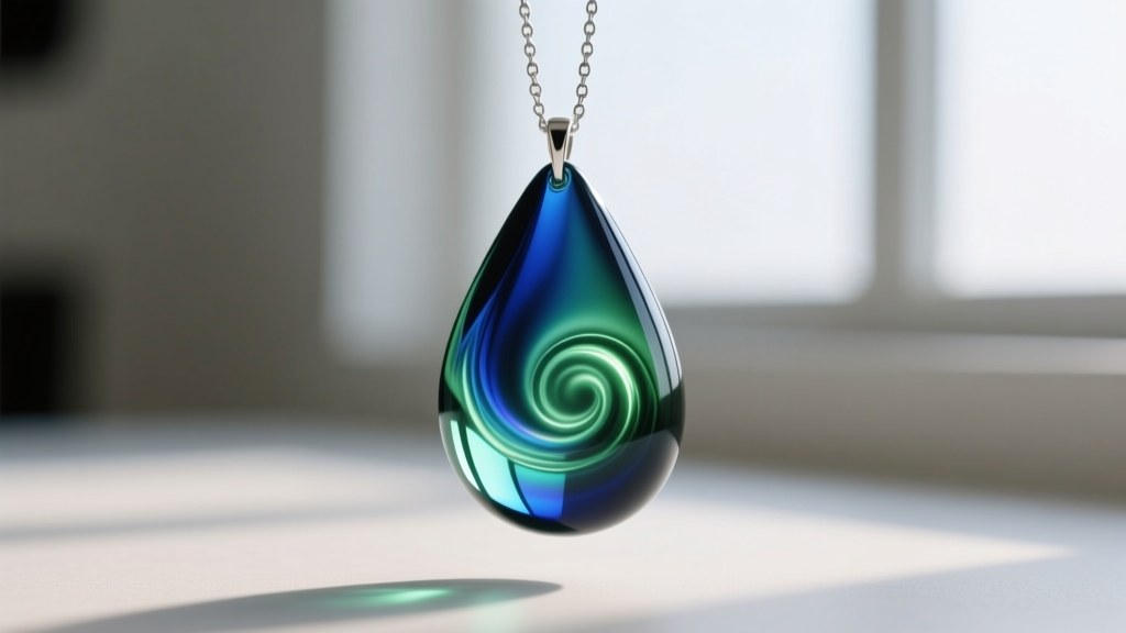Close-up of a teardrop glass mood pendant on a silver chain, swirling with deep blue and emerald green thermochromic colors in soft daylight.