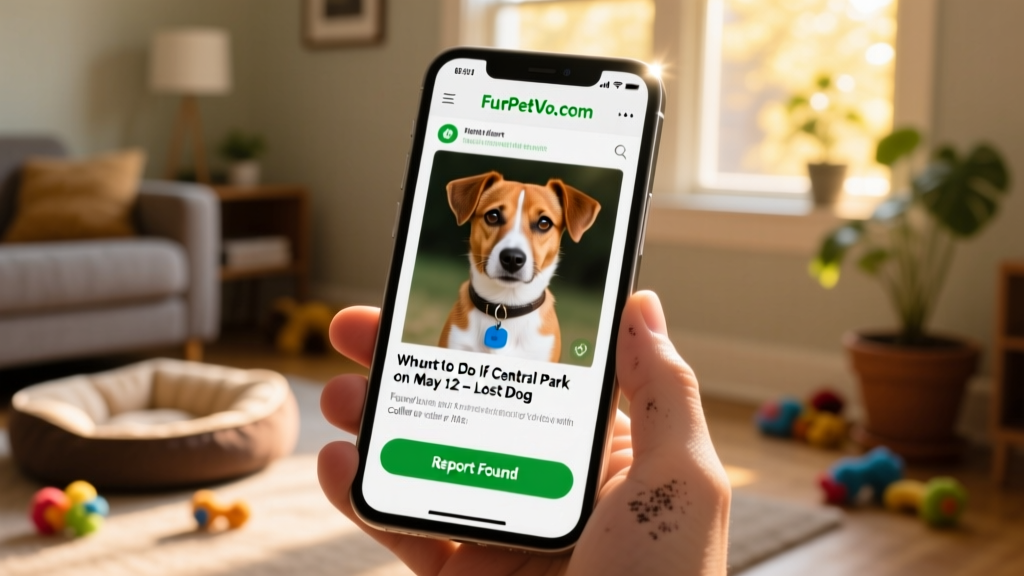 A smartphone screen showing a FurPetVo.com lost-dog alert with photo, description, and 'Report Found' button