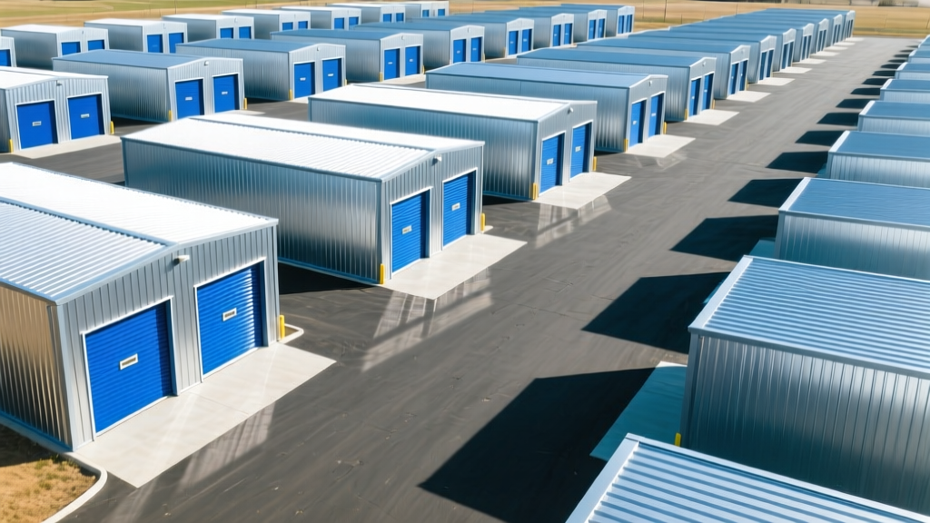 Aerial view of a newly constructed pre-engineered metal self-storage facility with roll-up doors and fresh asphalt paving in bright daylight
