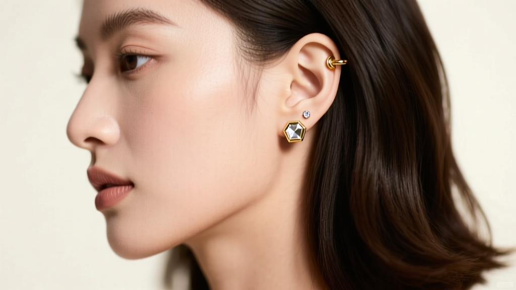 Side profile of a woman wearing 16g diamond cut gold cartilage clickers and lobe studs in a soft, diffused studio lighting setup