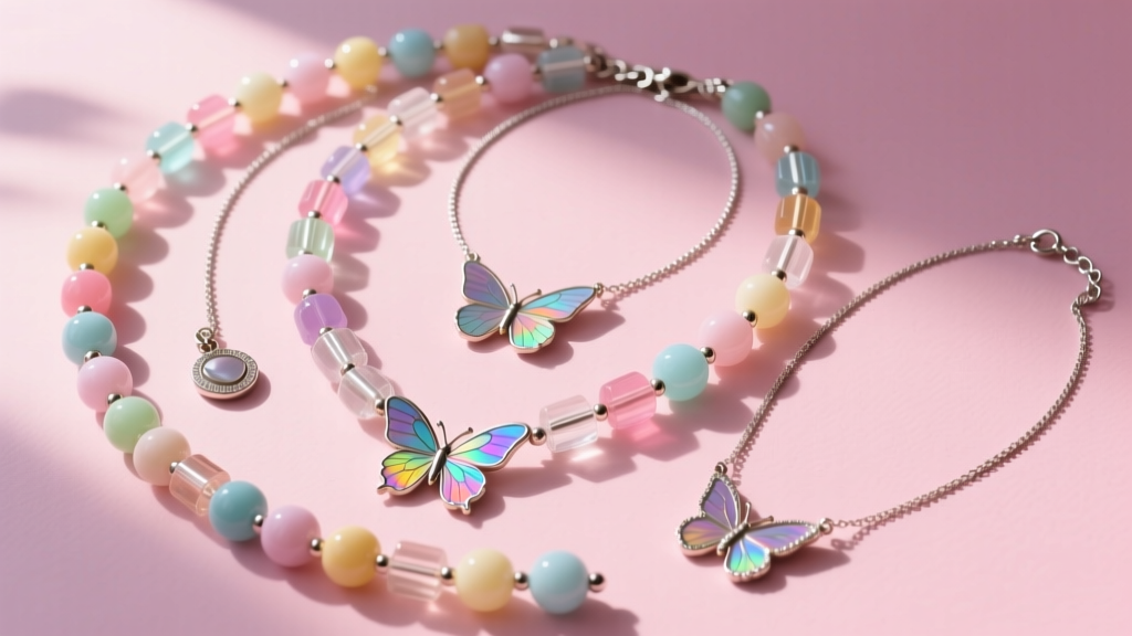 Flatlay of 2000s Y2K necklaces with chunky acrylic beads, butterfly pendants, and thin silver chokers on a soft pastel background