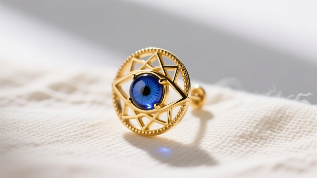Close-up of a delicate 14k yellow gold Greek eye mati earring with a cobalt blue glass center, resting on a textured linen cloth