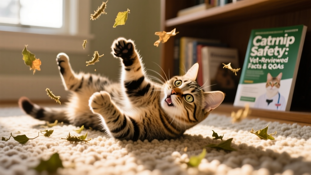 A playful cat rolling on a carpet with dried catnip leaves scattered nearby