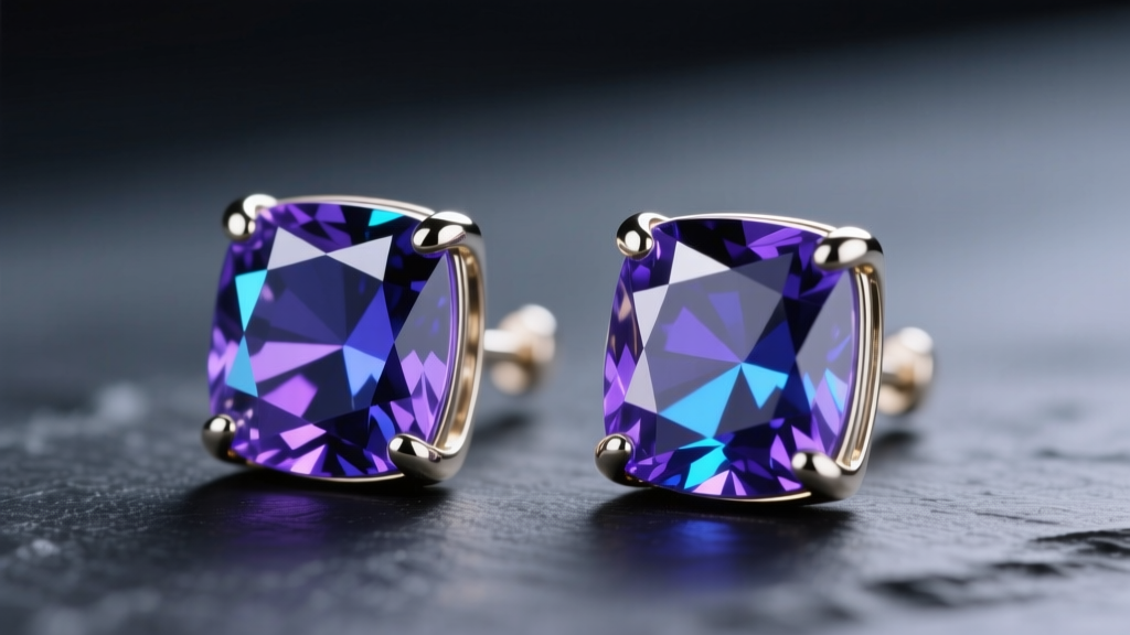 Macro shot of cushion-cut iolite stud earrings in 14k white gold, showing deep violet-blue pleochroism against dark slate.