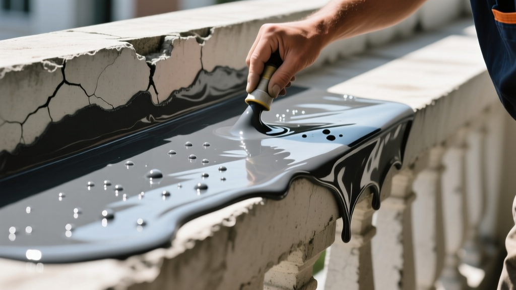 Close-up of a roller applying a seamless, dark grey polyurethane liquid waterproofing membrane over a concrete balcony surface in bright sunlight
