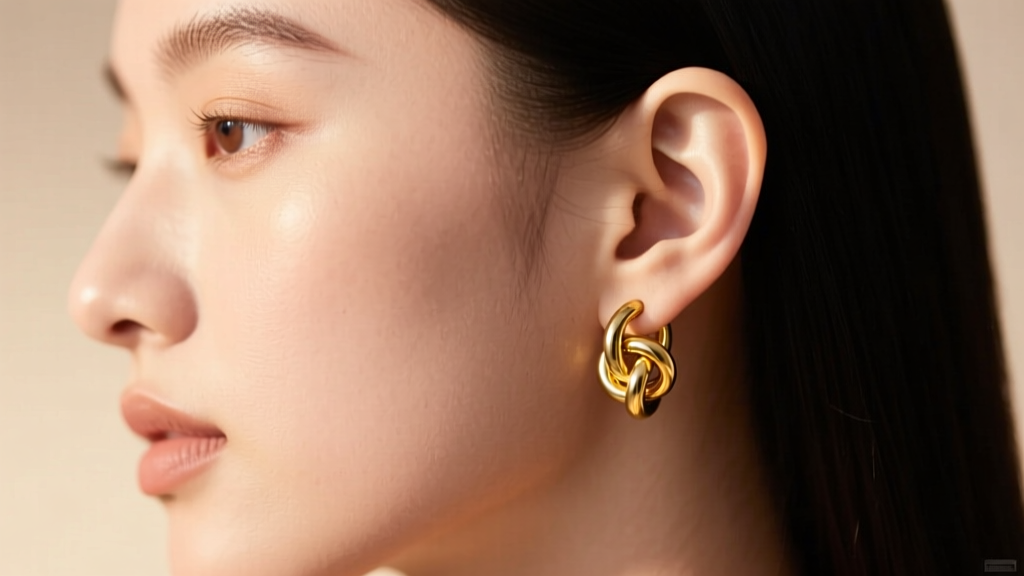Side profile of a model wearing an 8mm 14k gold knot hoop in a helix piercing, showcasing the snug fit and knot placement