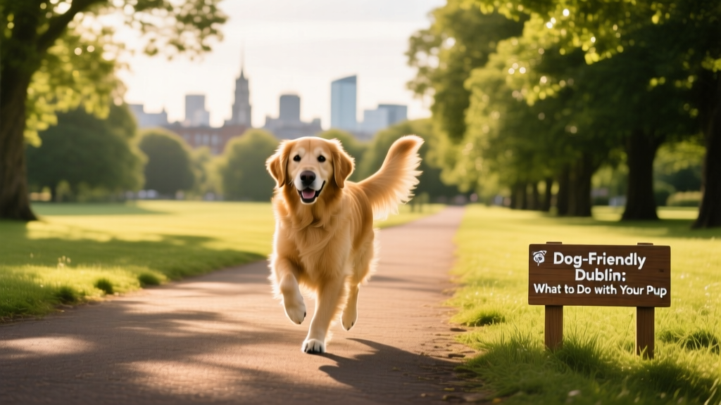 A golden retriever walking confidently along a tree-lined path in Phoenix Park, Dublin