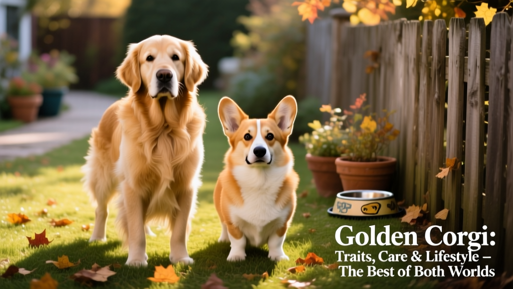 Side-by-side comparison showing a Golden Retriever and a Corgi standing next to each other, highlighting size and build differences