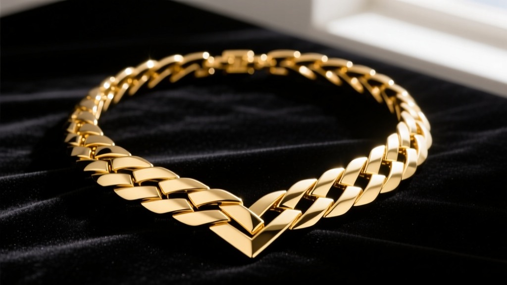 18k yellow gold herringbone necklace on dark velvet, showing its flat mirror-like weave, V-shaped links, and brilliant shine.