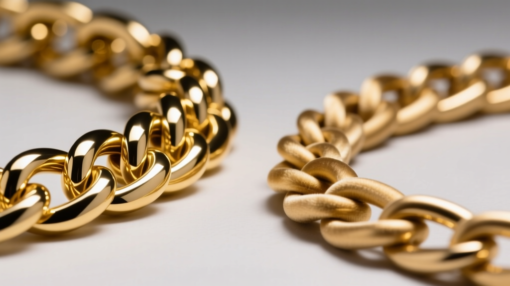 Macro shot of a high-polish gold chain reflecting harsh LED light beside a brushed satin gold chain diffusing light softly