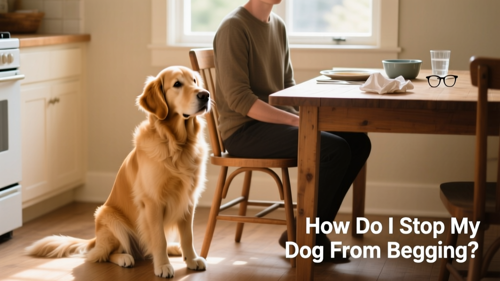 A dog sitting calmly beside its owner’s dining chair, looking attentive but not begging