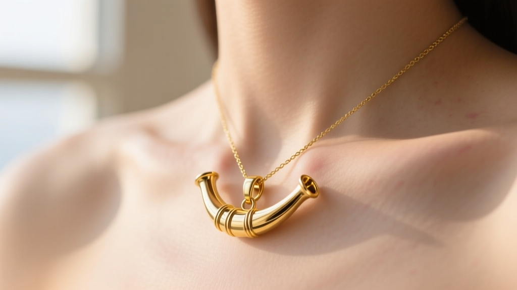 Close-up of a polished 18k yellow gold Italian horn pendant hanging on a delicate 1.5mm rope chain against soft skin