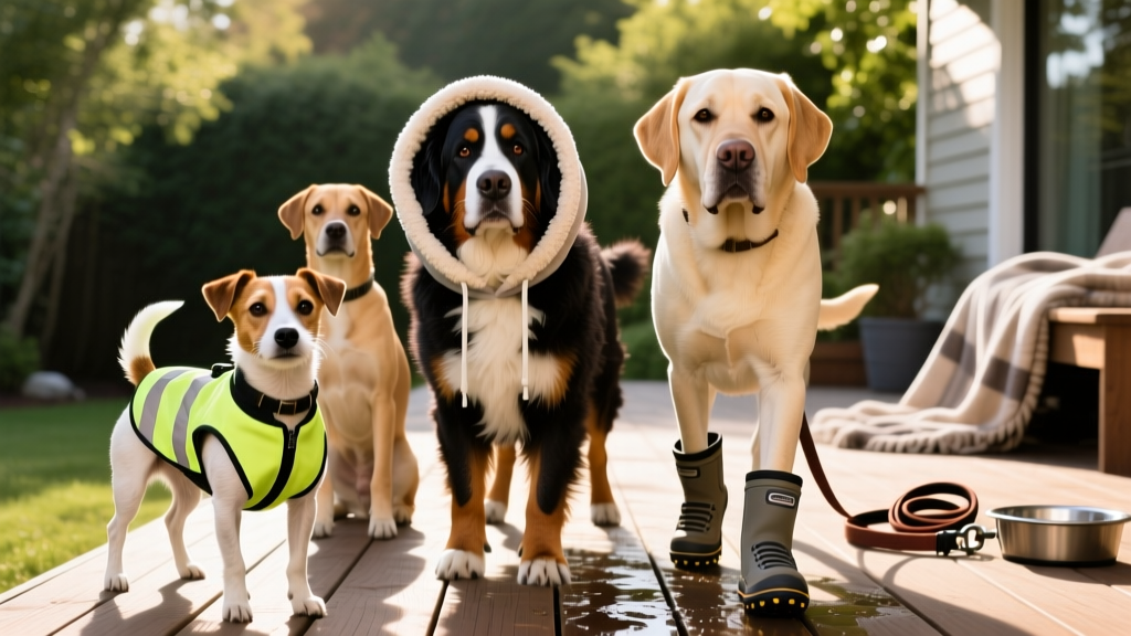 A diverse group of dogs—different sizes and breeds—wearing well-fitted, functional apparel: one in a reflective vest, another in a fleece-lined hoodie, and a third in durable, grippy dog boots