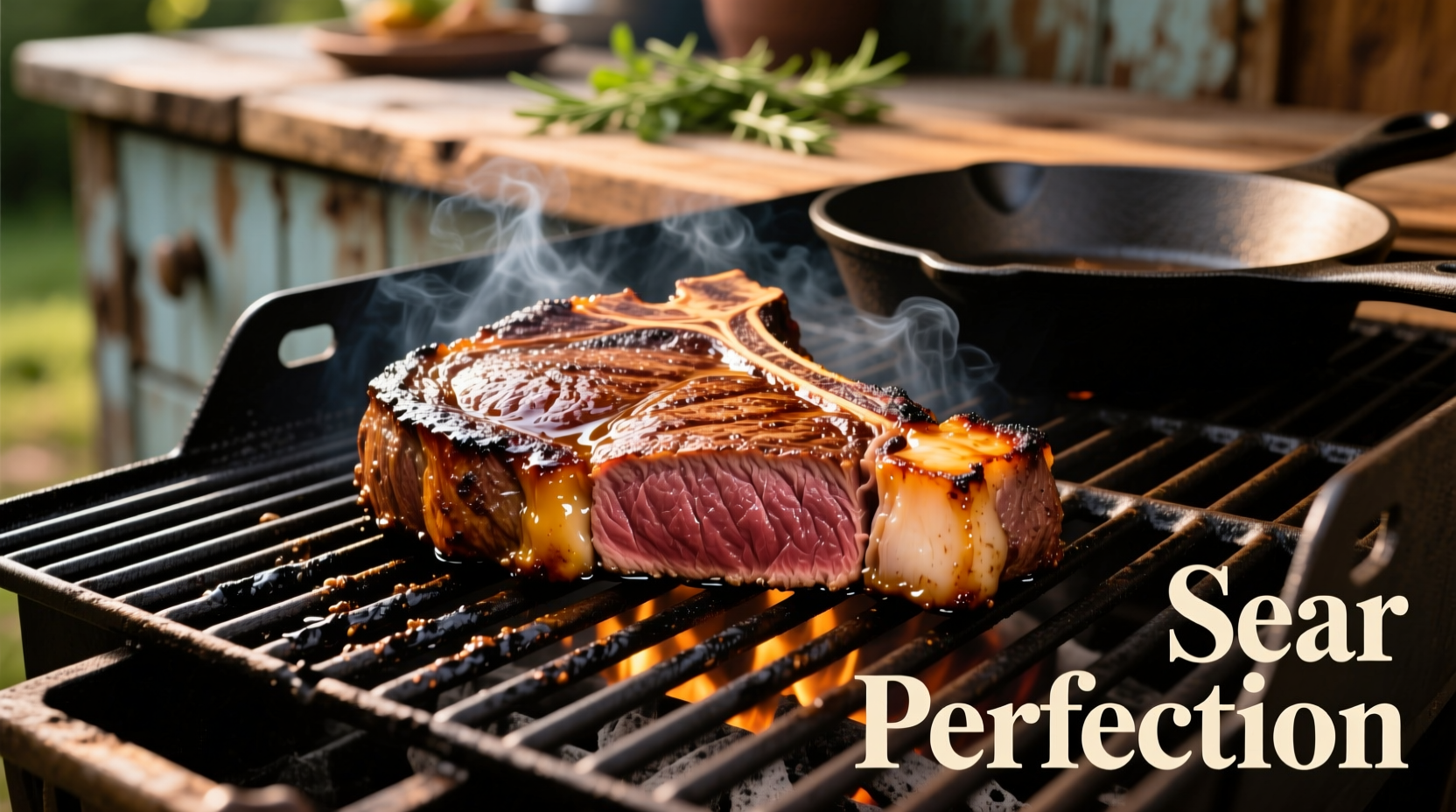 Perfectly seared steak on gas barbecue grill