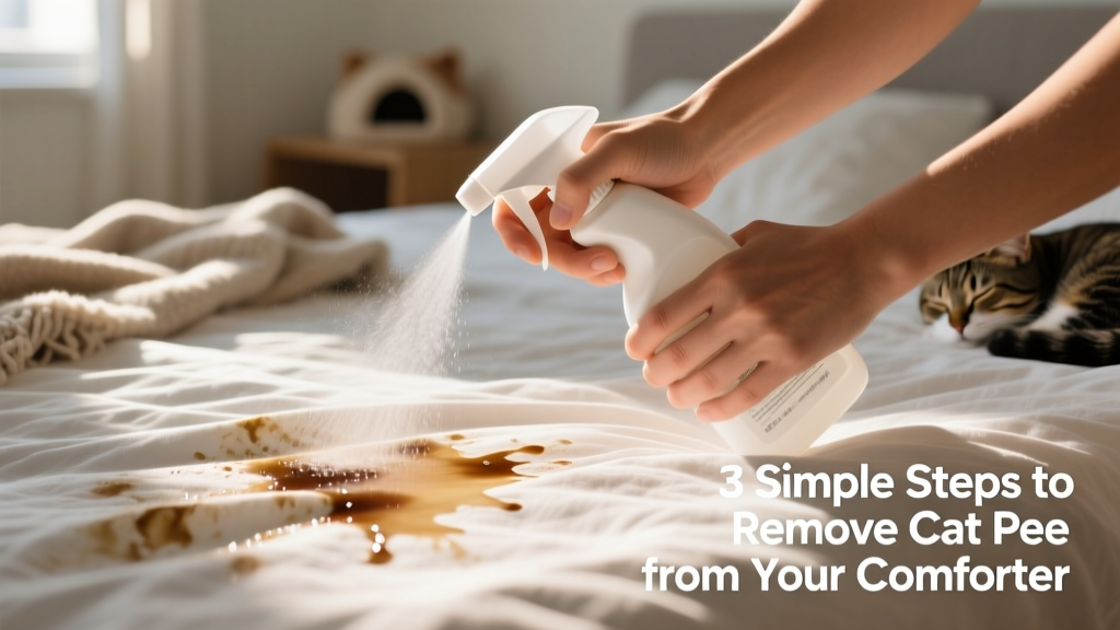 Hands applying enzyme cleaner to a comforter with a spray bottle, showing even coverage over a stained area