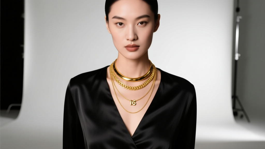 Woman wearing layered 16-inch and 18-inch gold necklaces over a black silk V-neck blouse, studio lighting, high fashion editorial