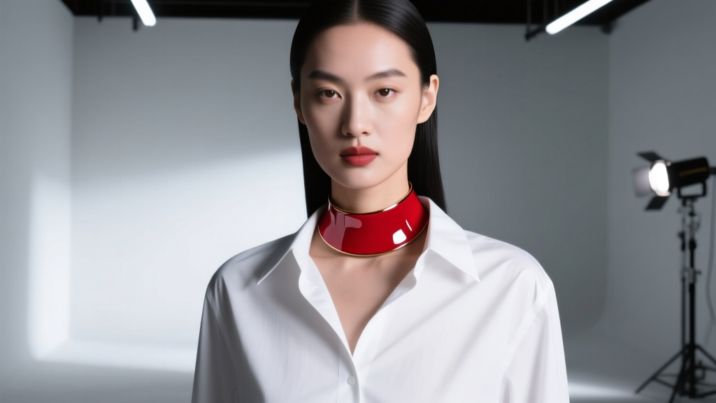 Fashion model wearing a bold crimson enamel collar necklace over a crisp white button-down shirt, studio lighting, high contrast.