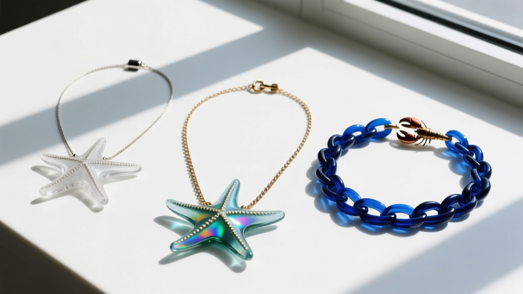 Flat lay of three different glass starfish necklaces showing varying chain thicknesses, clasp types, and glass opacity levels
