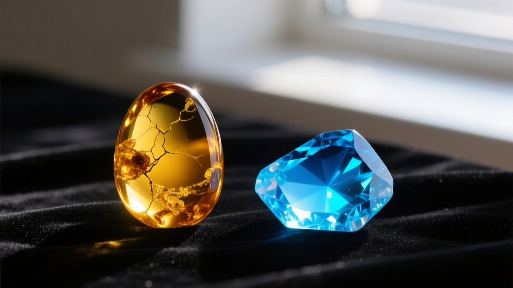 Macro view of a golden Baltic amber cabochon beside a transparent blue-fluorescent Dominican amber piece on dark velvet.