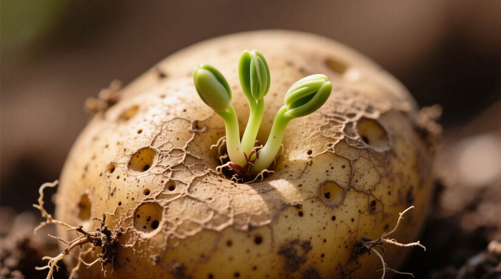 Close-up of potato eyes showing sprouts emerging from indentations