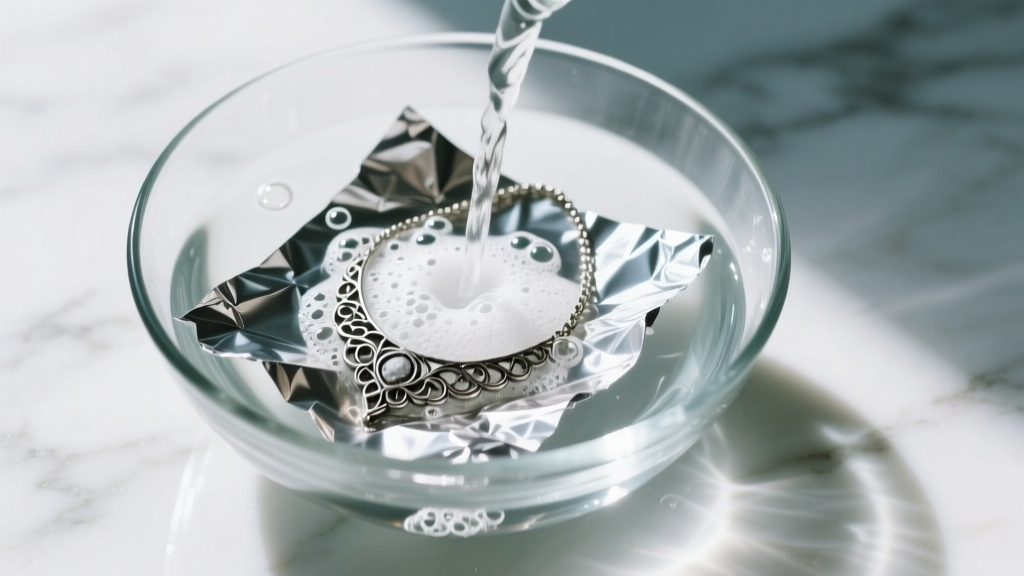 Top-down view of glass bowl with aluminum foil, hot water, washing soda, and a submerged tarnished silver necklace gently bubbling.