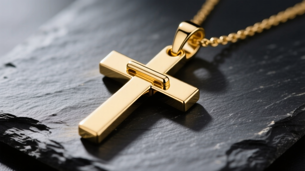 Close-up of 14k yellow gold sideways cross pendant on dark slate, highlighting integrated horizontal bail and polished edges.