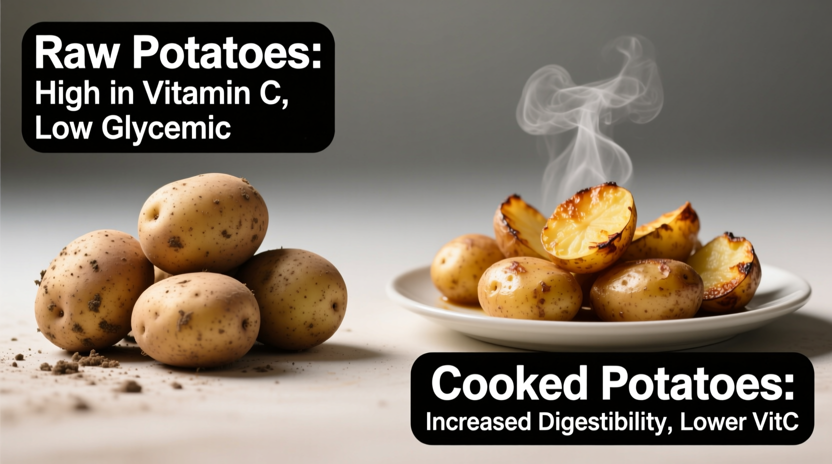 Raw potatoes next to cooked varieties showing nutritional differences