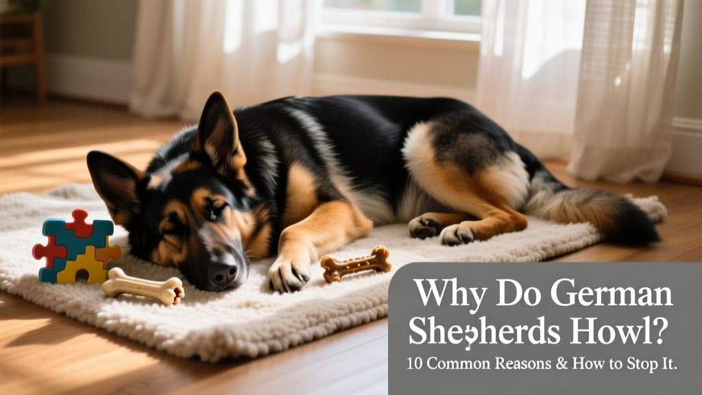 German Shepherd resting calmly beside a puzzle toy and chew bone, looking relaxed and content indoors