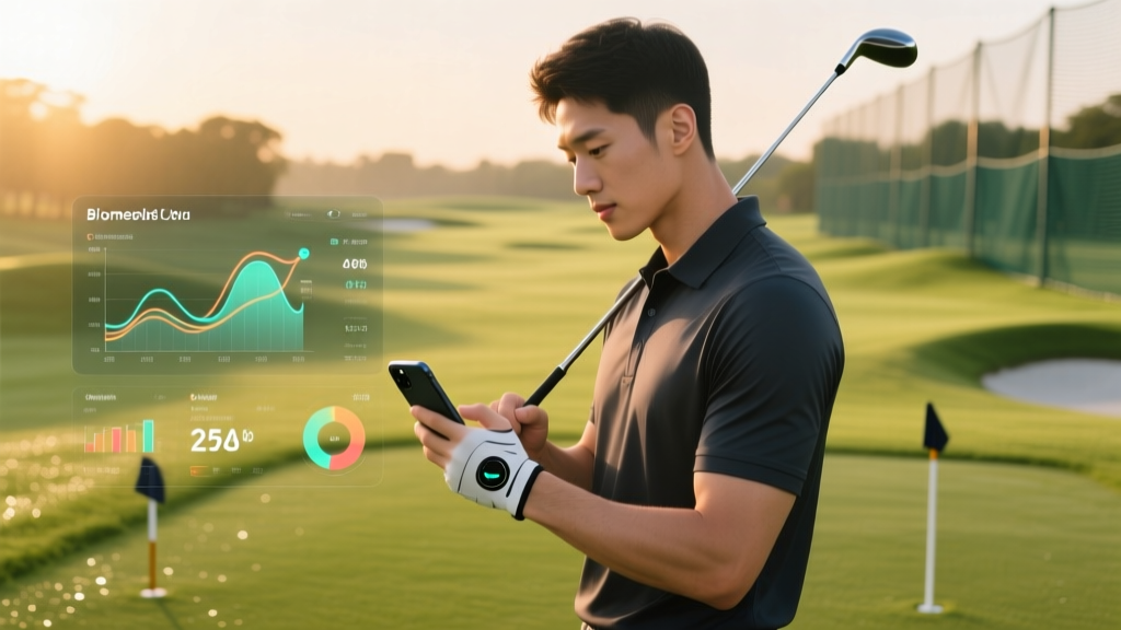 A golfer analyzing swing data on a smartphone app connected to smart club sensors while standing on a pristine driving range.