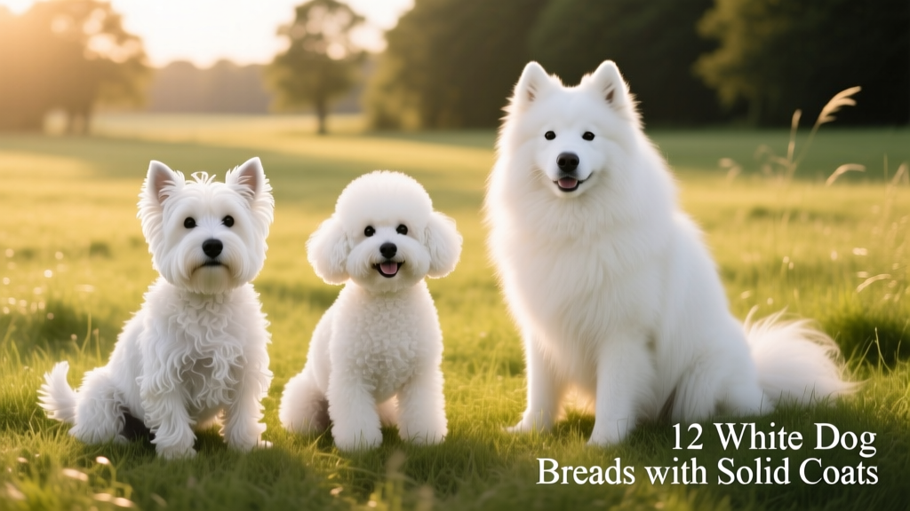A group of white dogs—Westie, Bichon Frise, and Samoyed—posing together on a sunlit grassy field