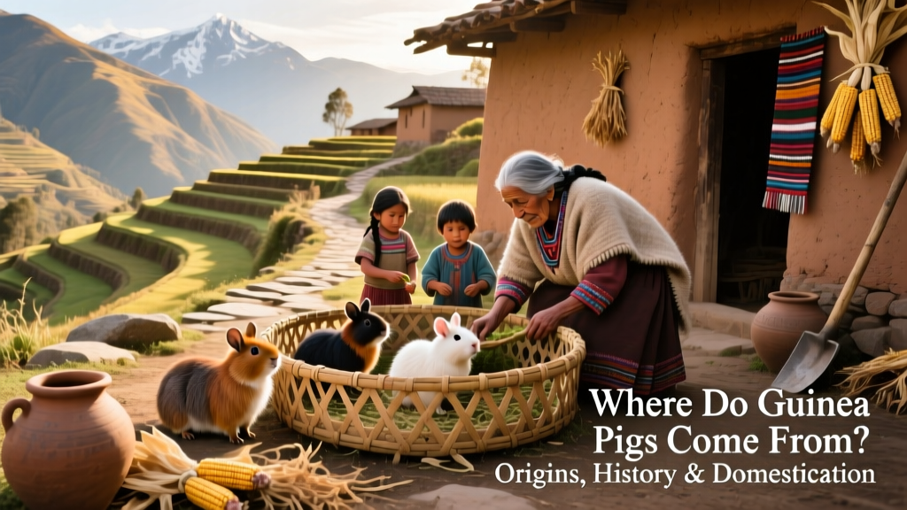 Historical illustration showing Indigenous Andean people caring for guinea pigs in a traditional village setting